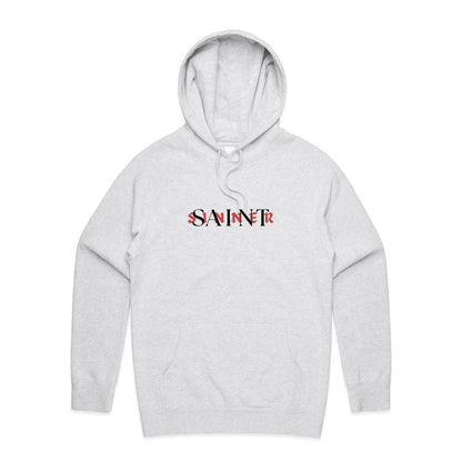 Christian hoodie featuring SAINT/SINNER typographic design in bold red and black — gospel-inspired message of grace and identity, from Lighthouse Christian Clothing.