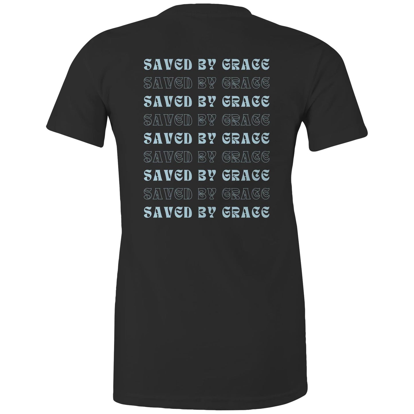 Back view of a black Christian T-shirt with repeated “Saved by Grace” text in bold and outlined fonts.