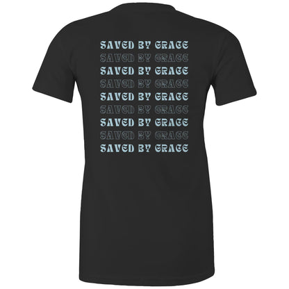 Back view of a black Christian T-shirt with repeated “Saved by Grace” text in bold and outlined fonts.