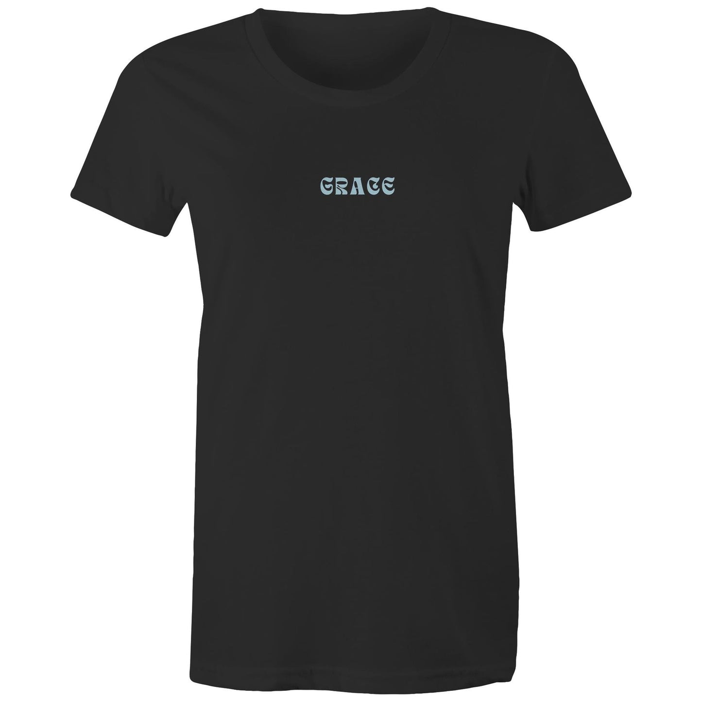 Front view of a black Christian T-shirt with the word “GRACE” printed in blue stylized letters on the chest.