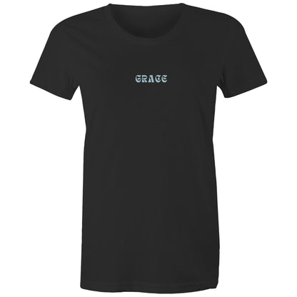 Front view of a black Christian T-shirt with the word “GRACE” printed in blue stylized letters on the chest.