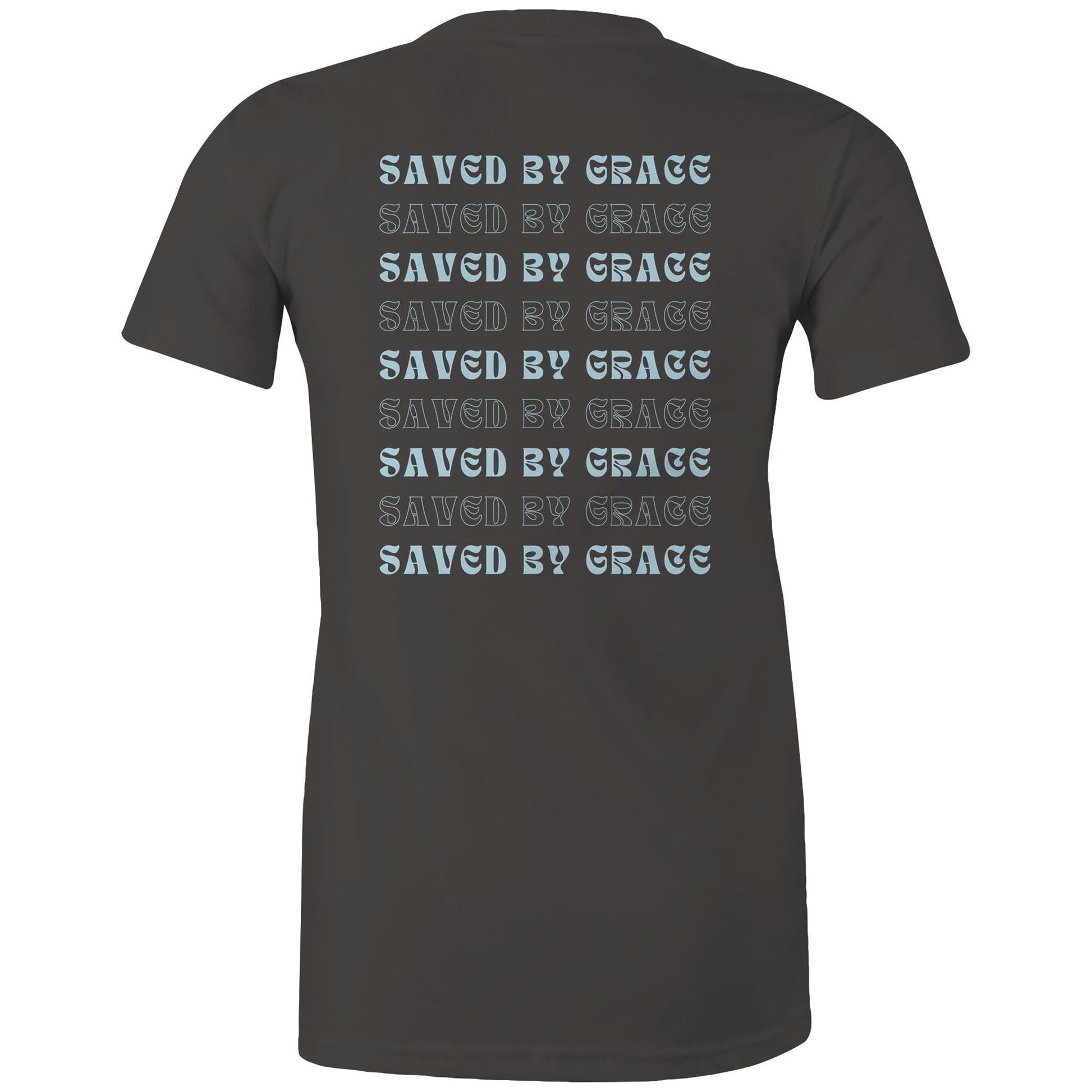 Back view of a charcoal Christian T-shirt with repeated “Saved by Grace” text in bold and outlined fonts.