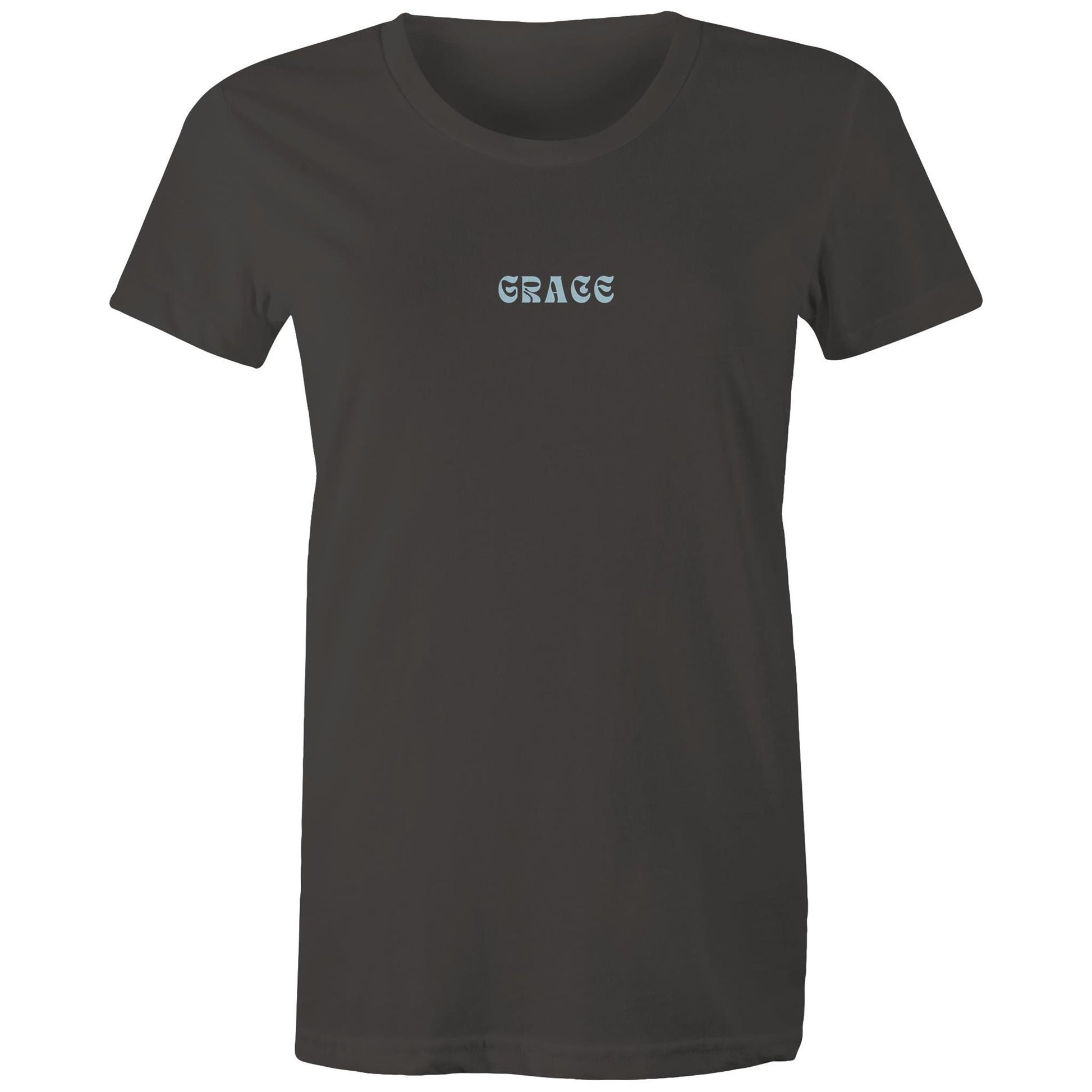 Front view of a charcoal Christian T-shirt with the word “GRACE” printed in blue stylized letters on the chest.