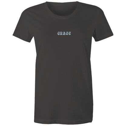 Front view of a charcoal Christian T-shirt with the word “GRACE” printed in blue stylized letters on the chest.