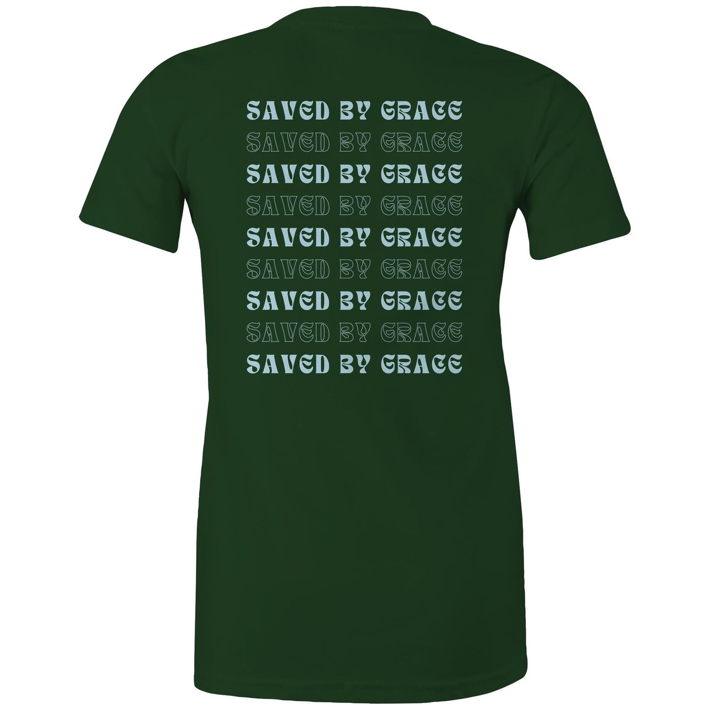 Back view of a forest green Christian T-shirt with repeated “Saved by Grace” text in bold and outlined fonts.