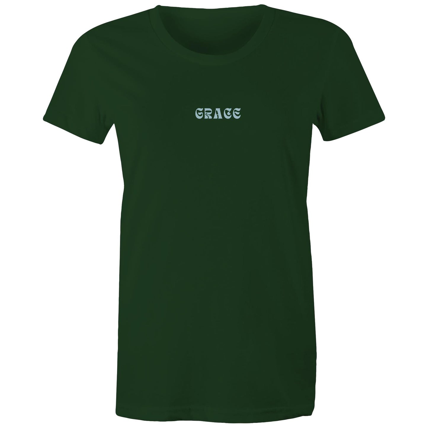 Front view of a forest green Christian T-shirt with the word “GRACE” printed in blue stylized letters on the chest.