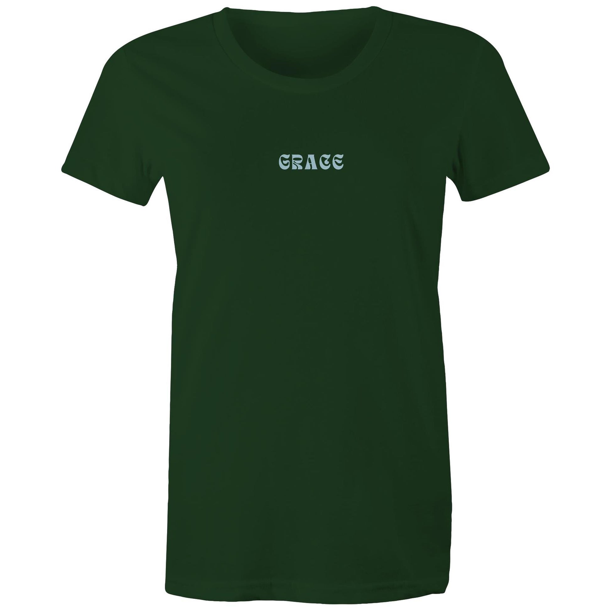 Front view of a forest green Christian T-shirt with the word “GRACE” printed in blue stylized letters on the chest.