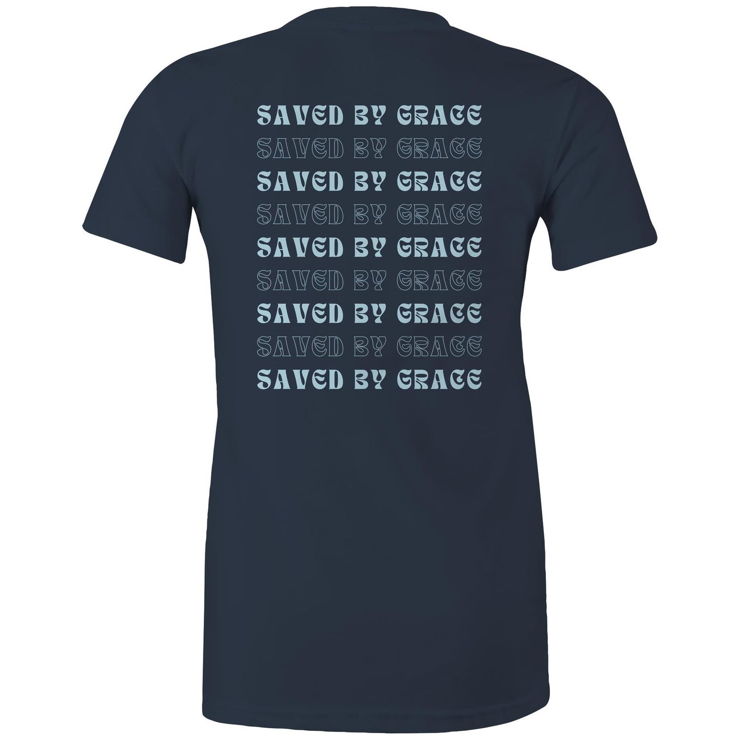 Back view of a navy Christian T-shirt with repeated “Saved by Grace” text in bold and outlined fonts.