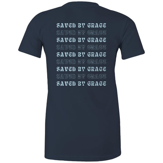 Back view of a navy Christian T-shirt with repeated “Saved by Grace” text in bold and outlined fonts.