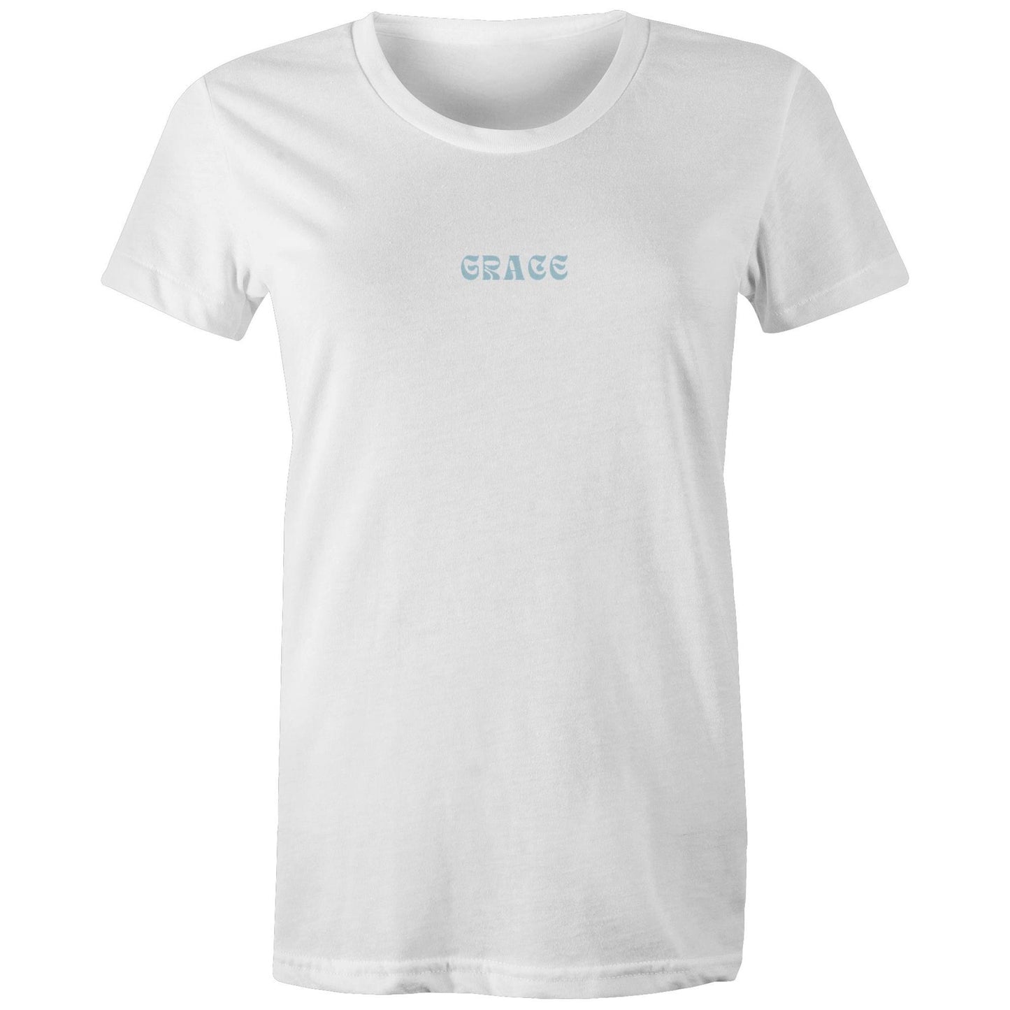 Front view of a white Christian T-shirt with the word “GRACE” printed in blue stylized letters on the chest.