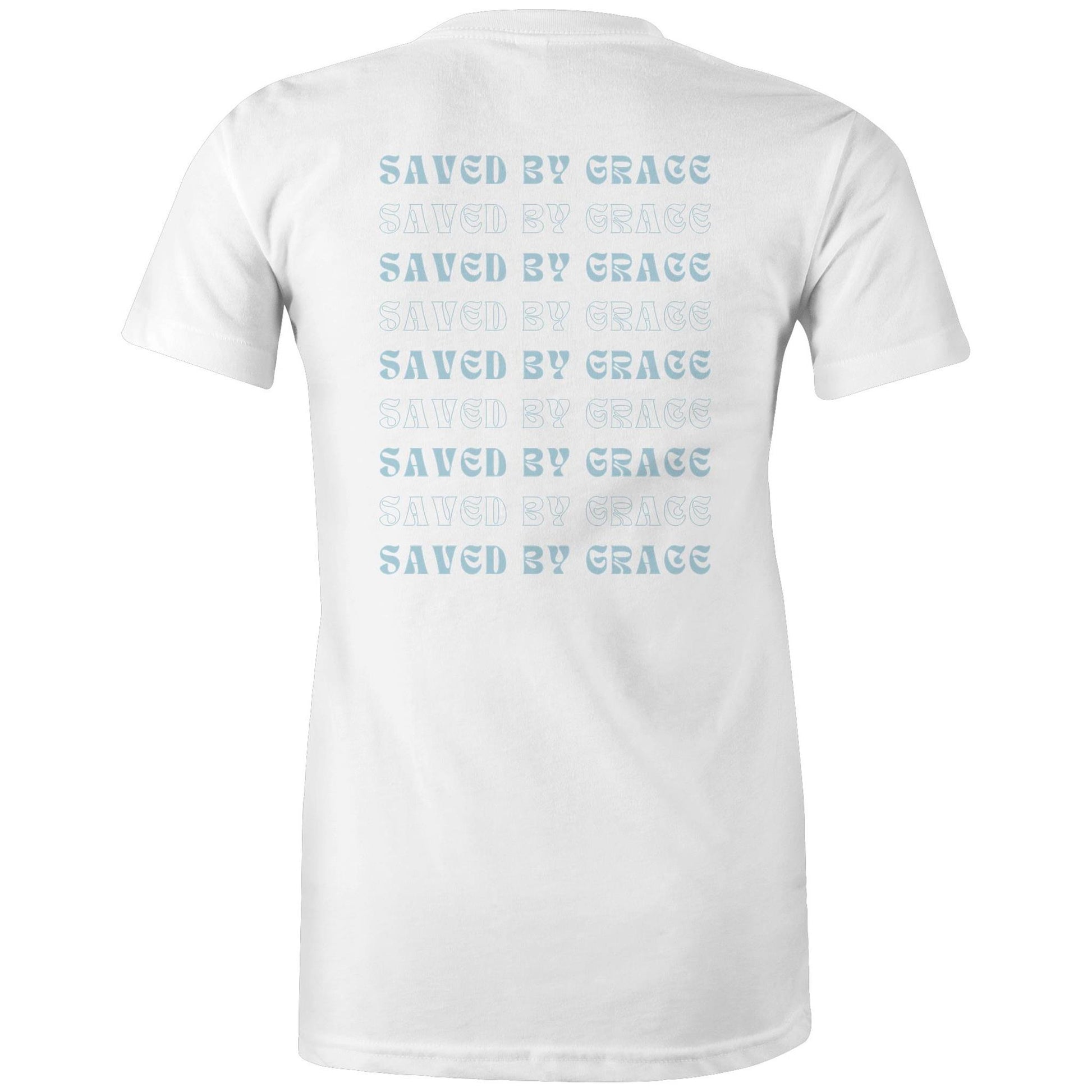 Back view of a white Christian T-shirt with repeated “Saved by Grace” text in bold and outlined fonts.
