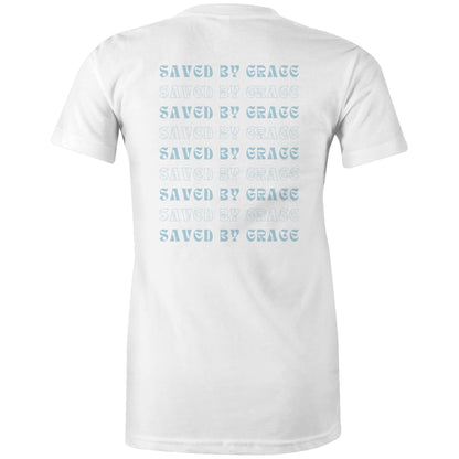Back view of a white Christian T-shirt with repeated “Saved by Grace” text in bold and outlined fonts.