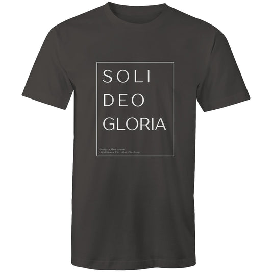 Christian t-shirt featuring 'Soli Deo Gloria' design in bold white text — meaning 'Glory to God Alone' — minimalist faith-based apparel by Lighthouse Christian Clothing.