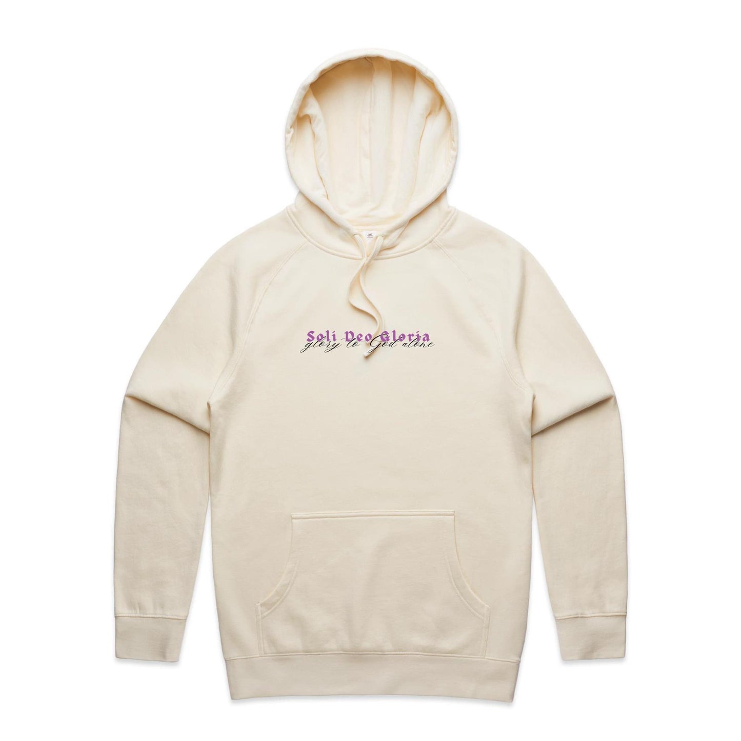Christian hoodie featuring “Soli Deo Gloria” in bold purple gothic lettering, with “glory to God alone” in elegant black script beneath. A faith-based design by Lighthouse Christian Clothing, celebrating the truth that all glory belongs to God alone.