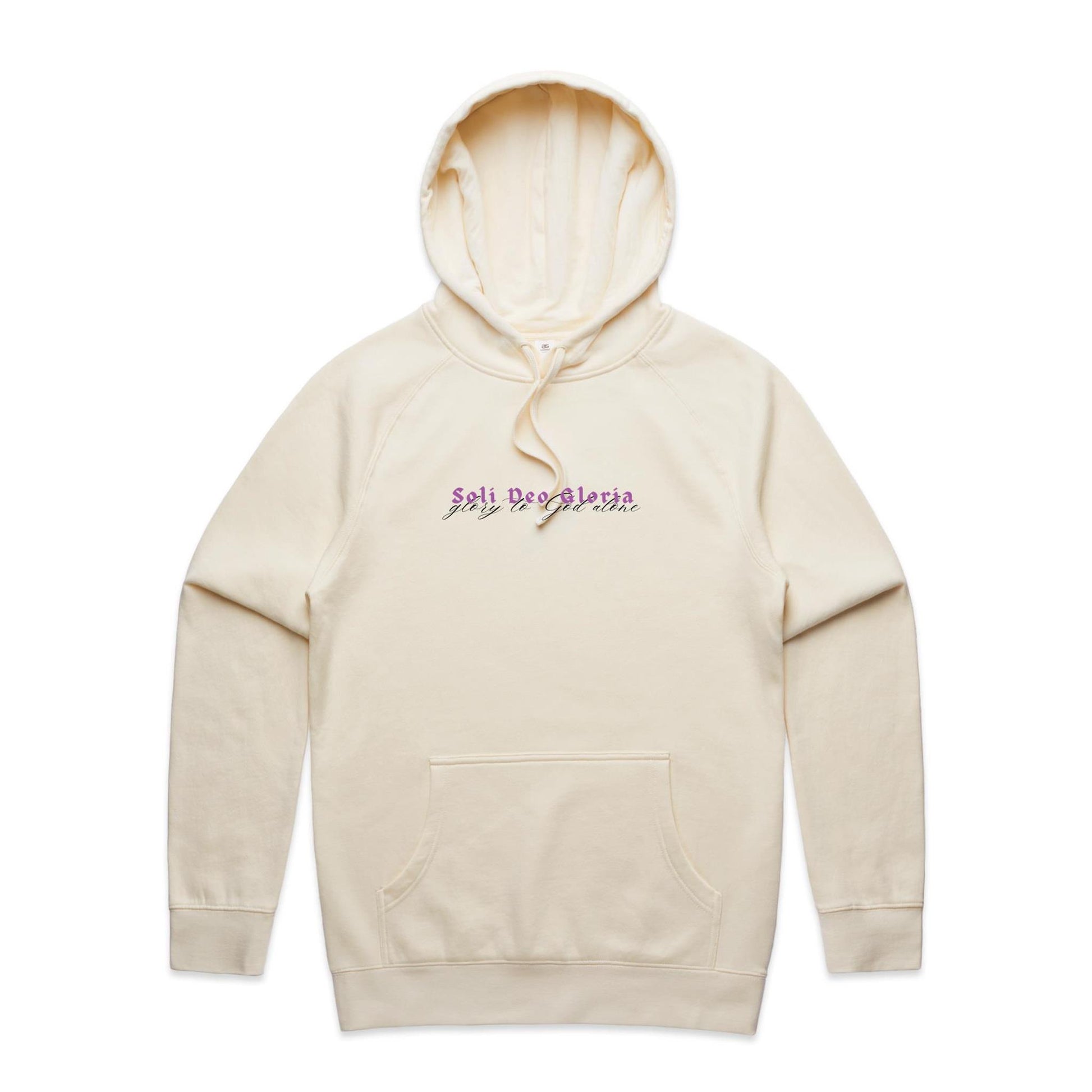 Christian hoodie featuring “Soli Deo Gloria” in bold purple gothic lettering, with “glory to God alone” in elegant black script beneath. A faith-based design by Lighthouse Christian Clothing, celebrating the truth that all glory belongs to God alone.