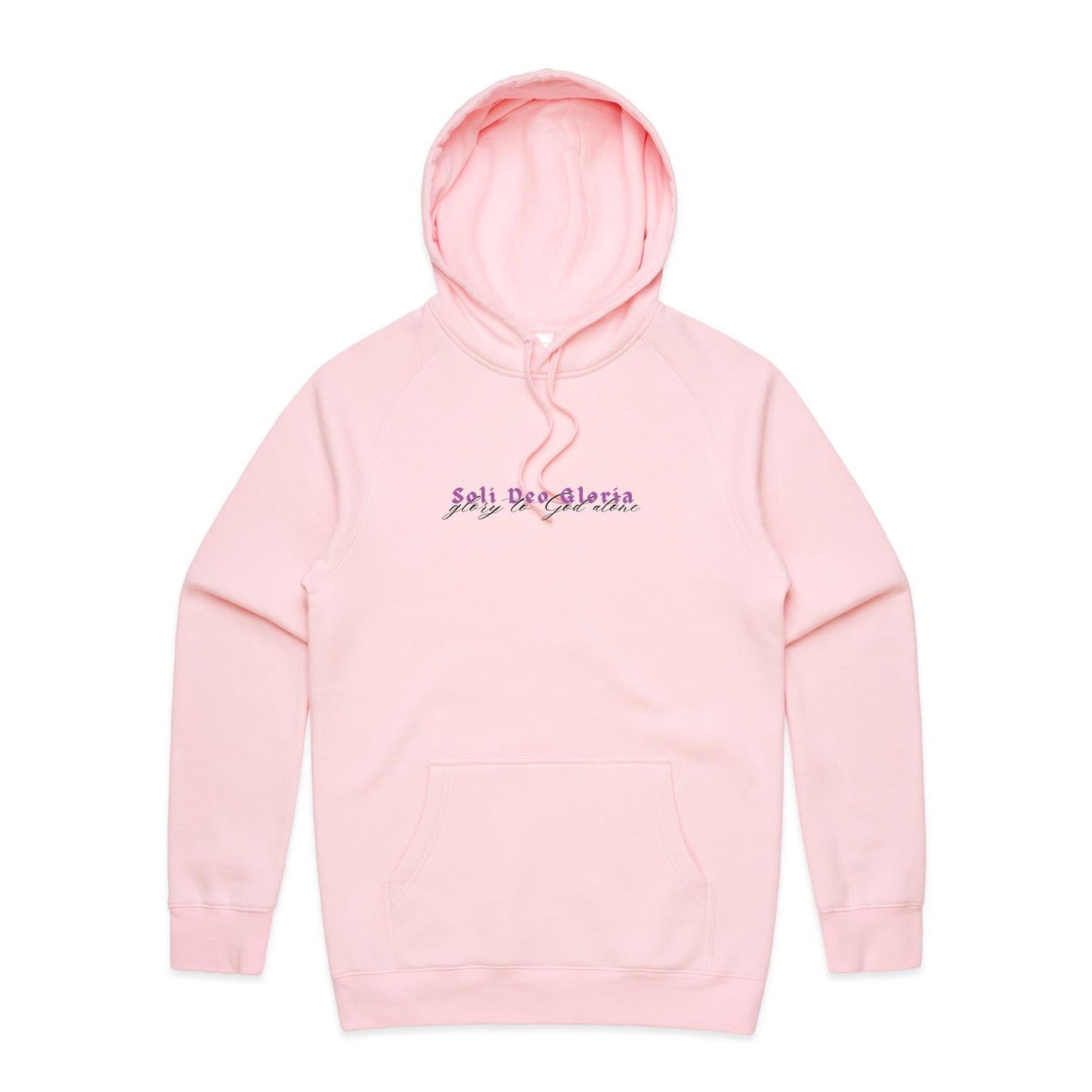 Christian hoodie featuring “Soli Deo Gloria” in bold purple gothic lettering, with “glory to God alone” in elegant black script beneath. A faith-based design by Lighthouse Christian Clothing, celebrating the truth that all glory belongs to God alone.