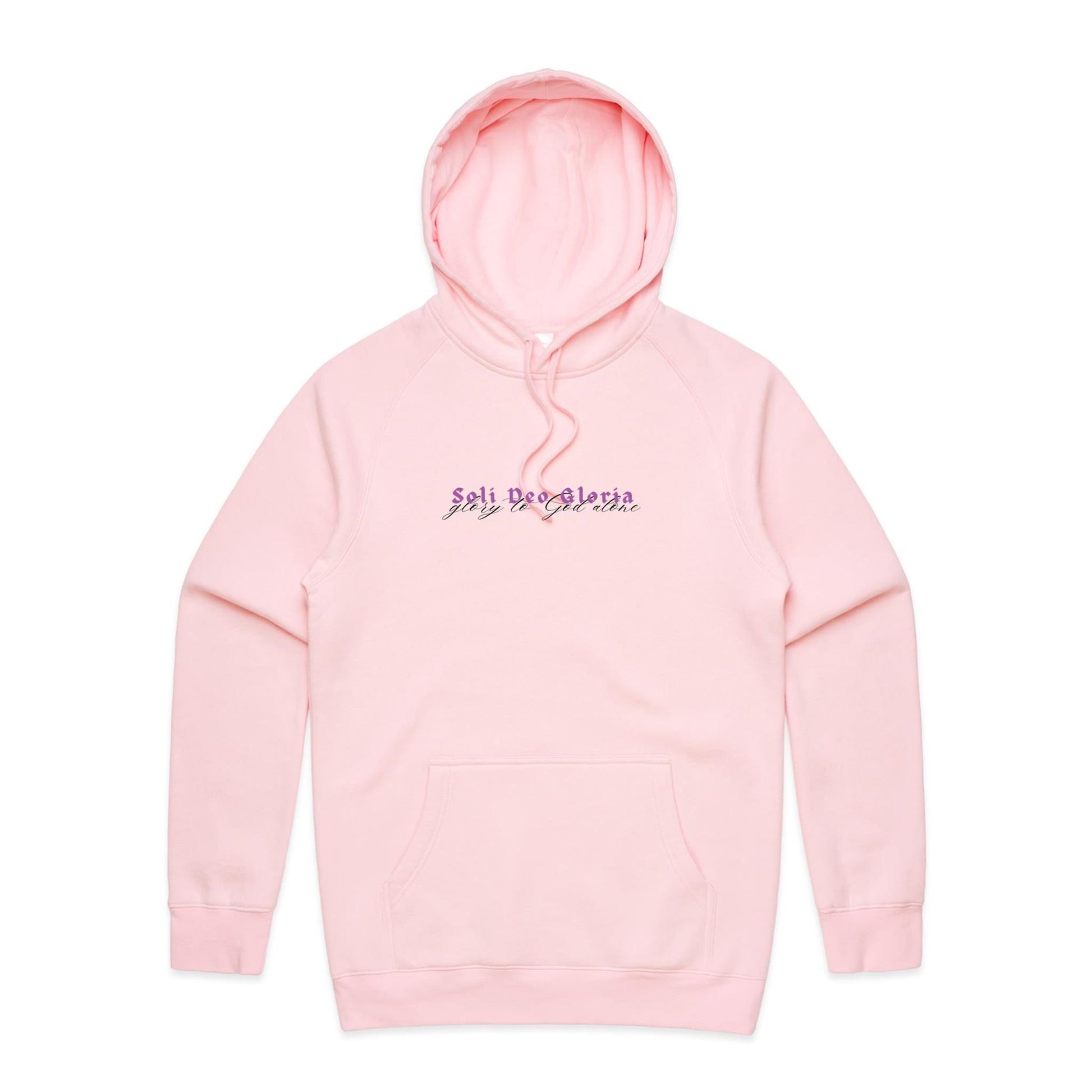 Christian hoodie featuring “Soli Deo Gloria” in bold purple gothic lettering, with “glory to God alone” in elegant black script beneath. A faith-based design by Lighthouse Christian Clothing, celebrating the truth that all glory belongs to God alone.