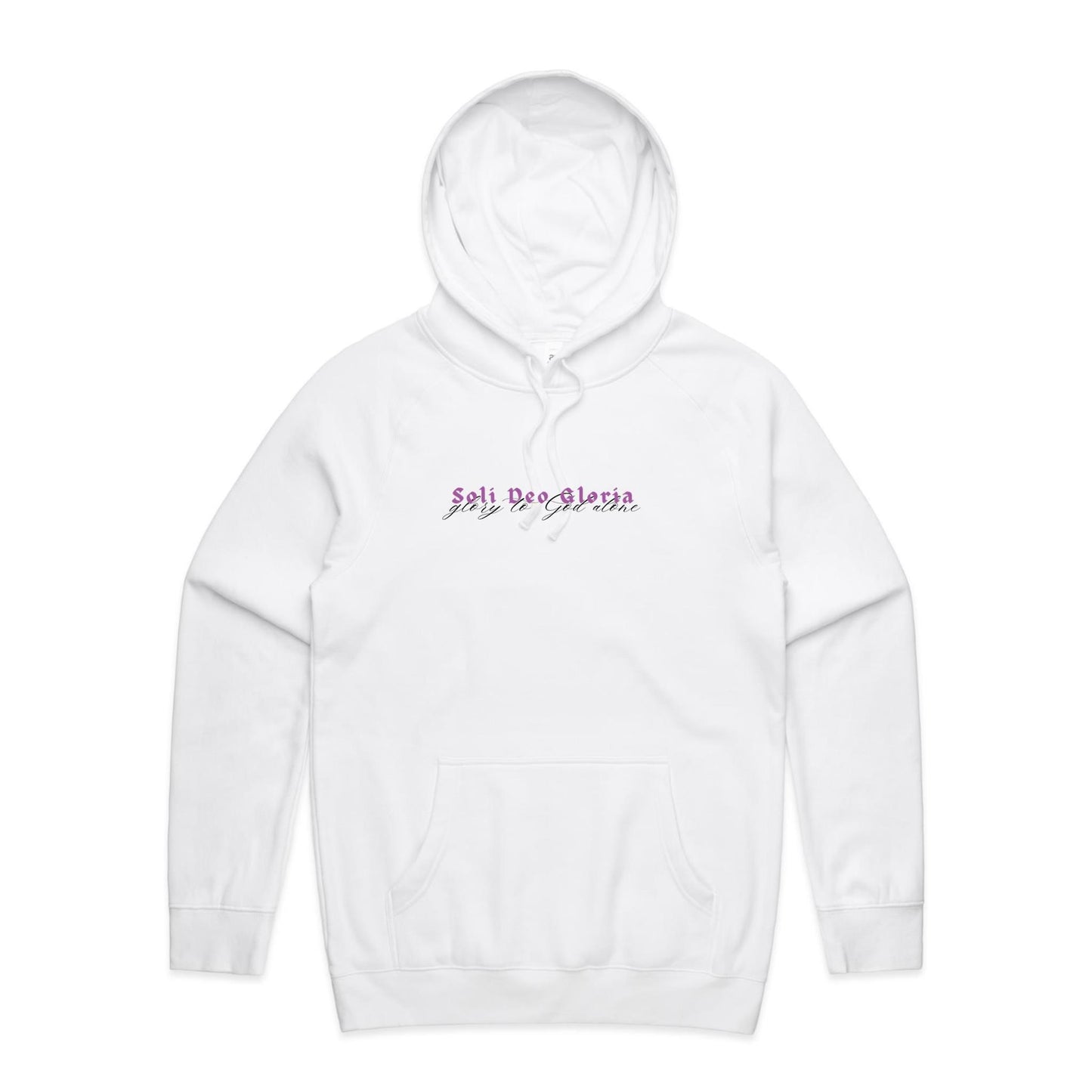 Christian hoodie featuring “Soli Deo Gloria” in bold purple gothic lettering, with “glory to God alone” in elegant black script beneath. A faith-based design by Lighthouse Christian Clothing, celebrating the truth that all glory belongs to God alone.
