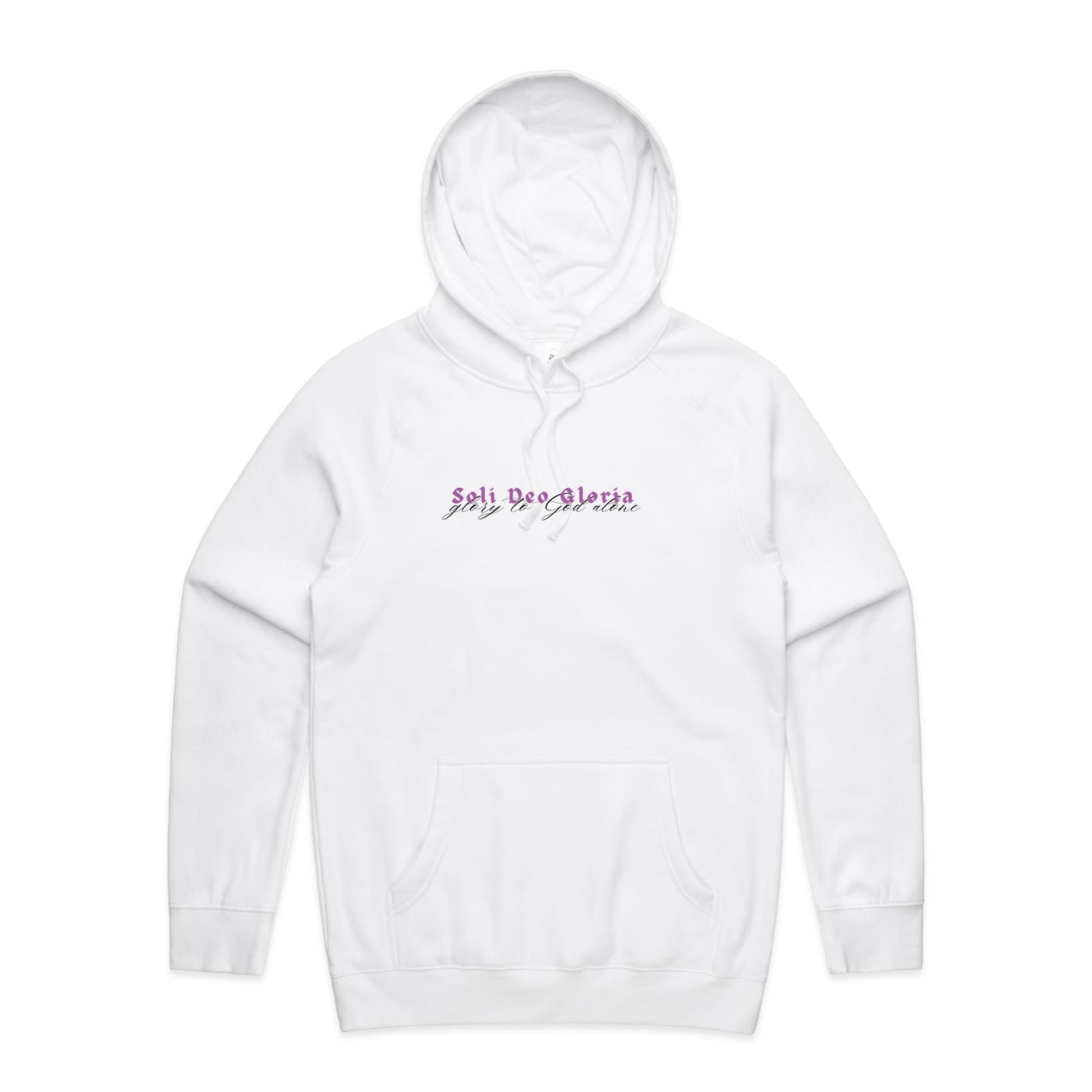 Christian hoodie featuring “Soli Deo Gloria” in bold purple gothic lettering, with “glory to God alone” in elegant black script beneath. A faith-based design by Lighthouse Christian Clothing, celebrating the truth that all glory belongs to God alone.