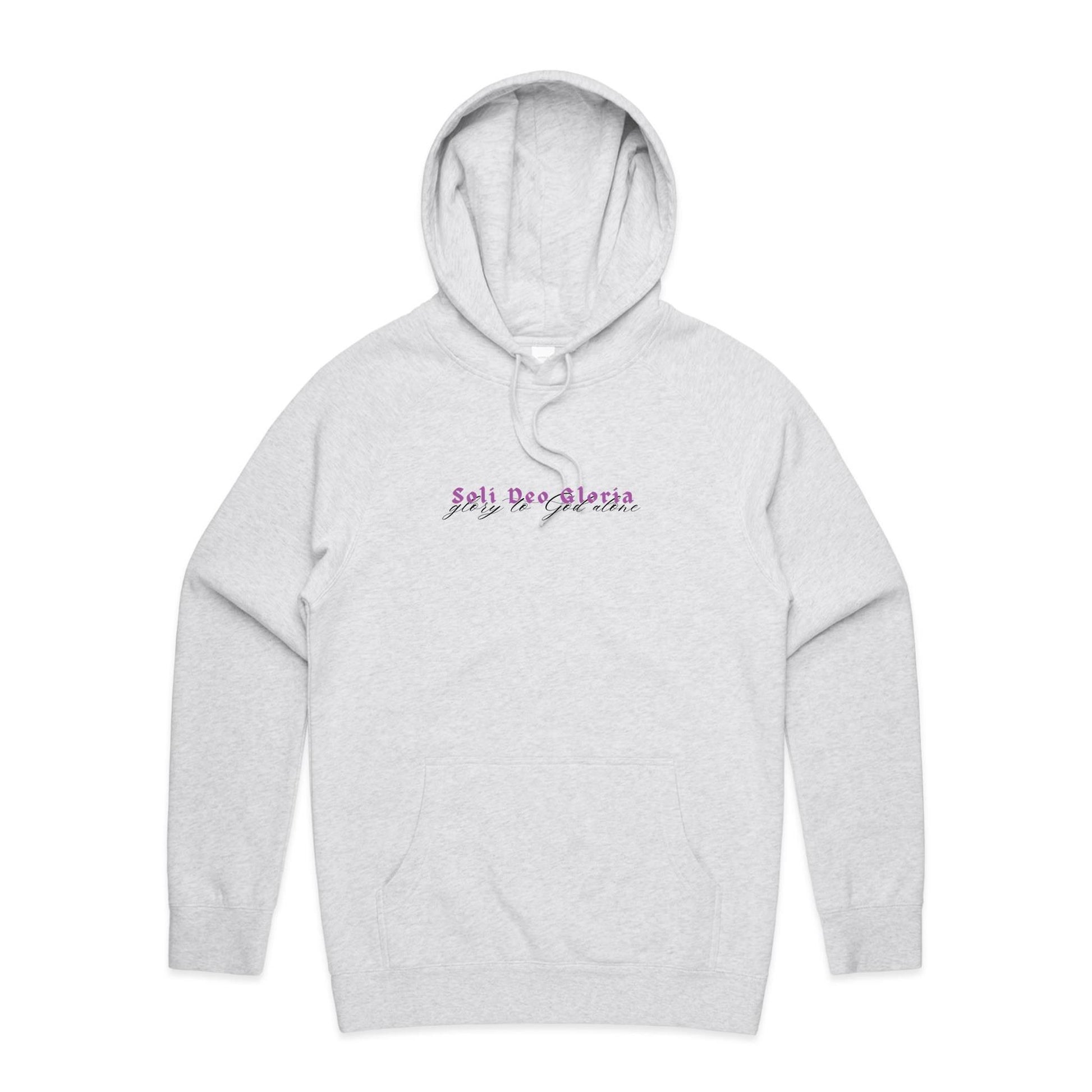 Christian hoodie featuring “Soli Deo Gloria” in bold purple gothic lettering, with “glory to God alone” in elegant black script beneath. A faith-based design by Lighthouse Christian Clothing, celebrating the truth that all glory belongs to God alone.