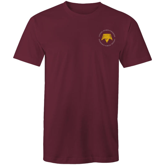 Christian t-shirt with left pocket print reading 'Upside Down Kingdom' and a yellow upside-down crown — minimalist faith-based design by Lighthouse Christian Clothing.