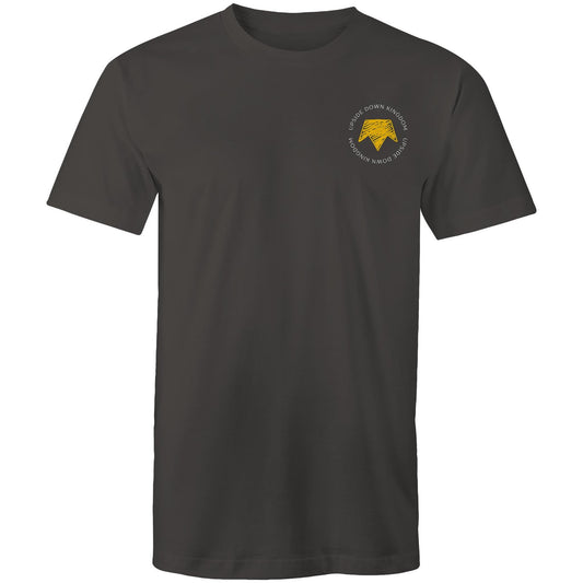 Christian t-shirt with left pocket print reading 'Upside Down Kingdom' and a yellow upside-down crown — minimalist faith-based design by Lighthouse Christian Clothing.
