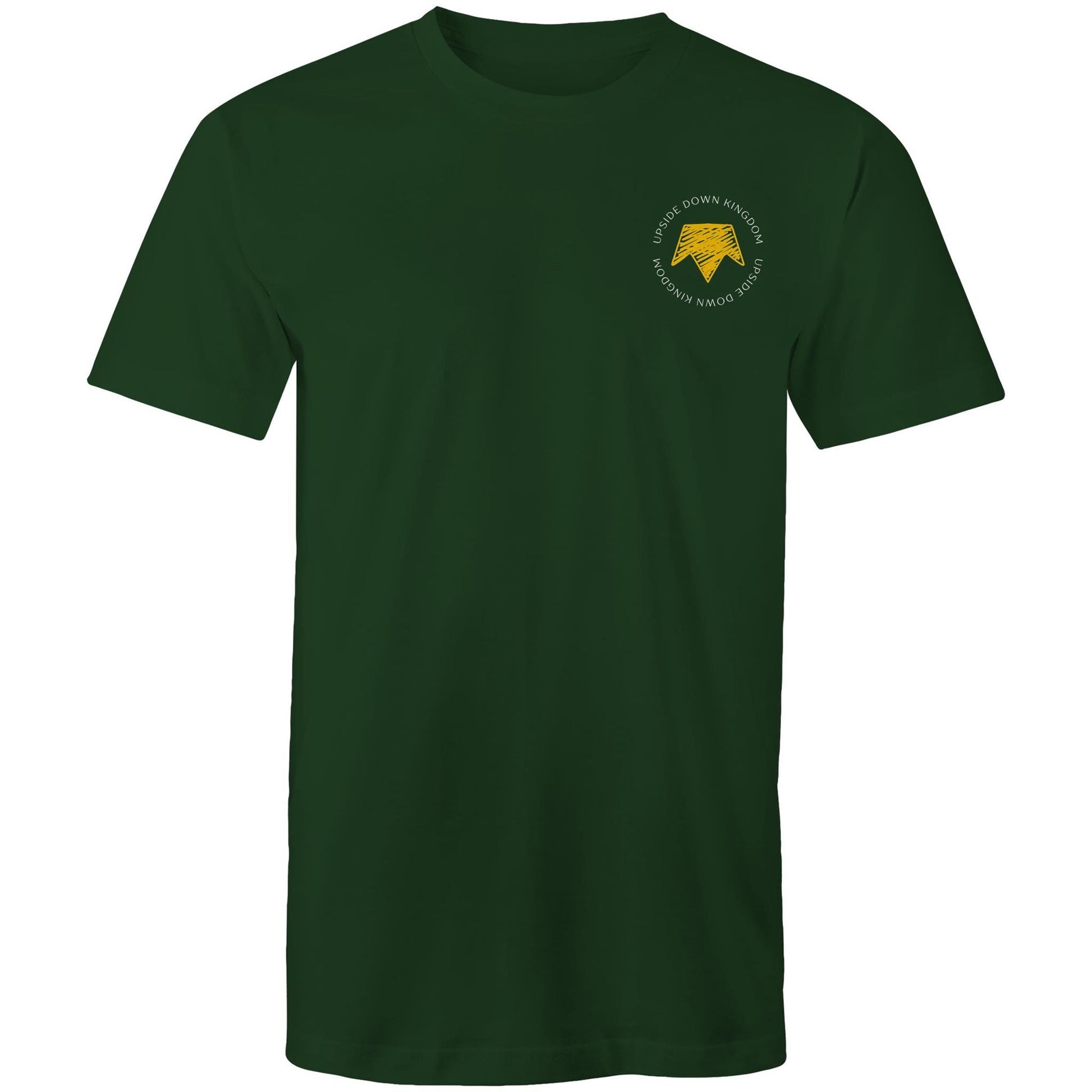 Christian t-shirt with left pocket print reading 'Upside Down Kingdom' and a yellow upside-down crown — minimalist faith-based design by Lighthouse Christian Clothing.