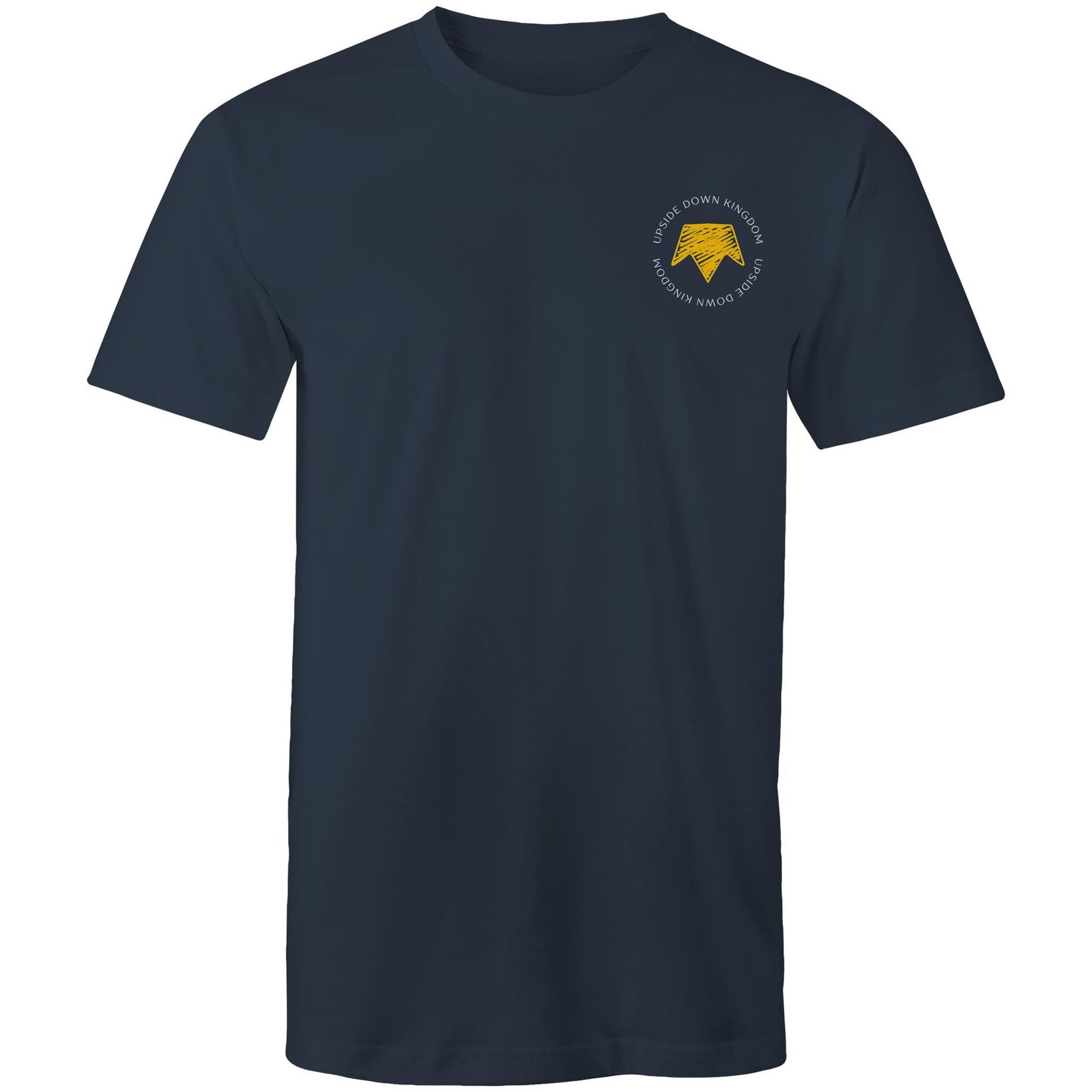 Christian t-shirt with left pocket print reading 'Upside Down Kingdom' and a yellow upside-down crown — minimalist faith-based design by Lighthouse Christian Clothing.