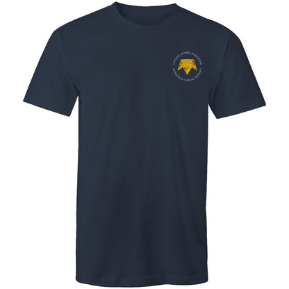 Christian t-shirt with left pocket print reading 'Upside Down Kingdom' and a yellow upside-down crown — minimalist faith-based design by Lighthouse Christian Clothing.