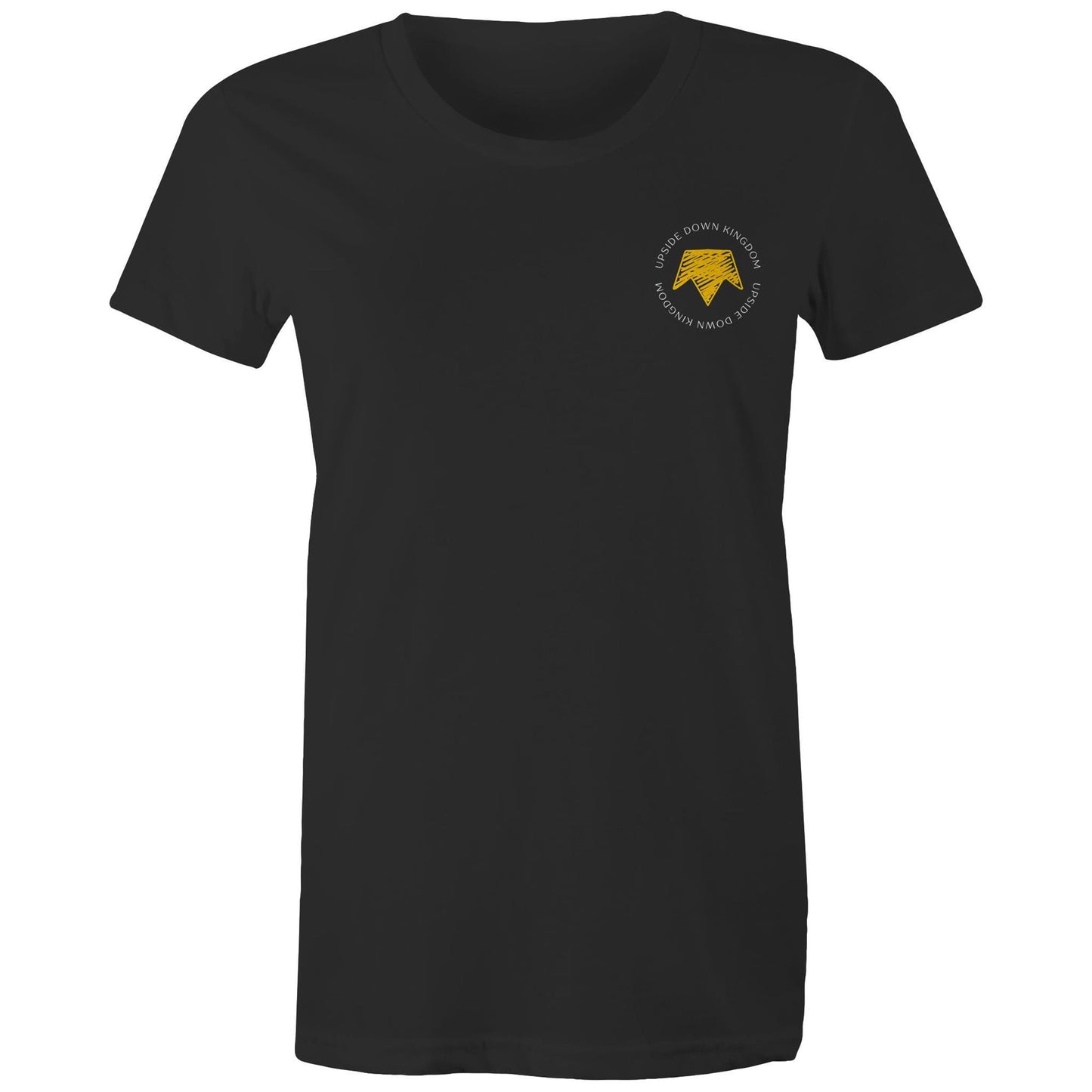 Christian t-shirt with left pocket print reading 'Upside Down Kingdom' and a yellow upside-down crown — minimalist faith-based design by Lighthouse Christian Clothing.