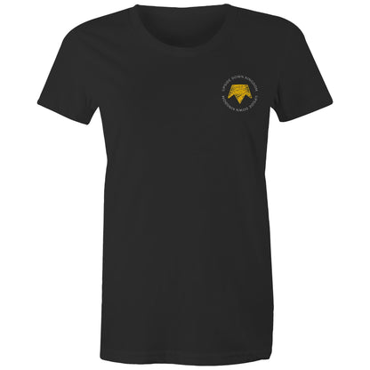 Christian t-shirt with left pocket print reading 'Upside Down Kingdom' and a yellow upside-down crown — minimalist faith-based design by Lighthouse Christian Clothing.