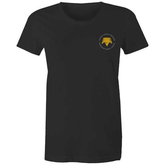 Christian t-shirt with left pocket print reading 'Upside Down Kingdom' and a yellow upside-down crown — minimalist faith-based design by Lighthouse Christian Clothing.