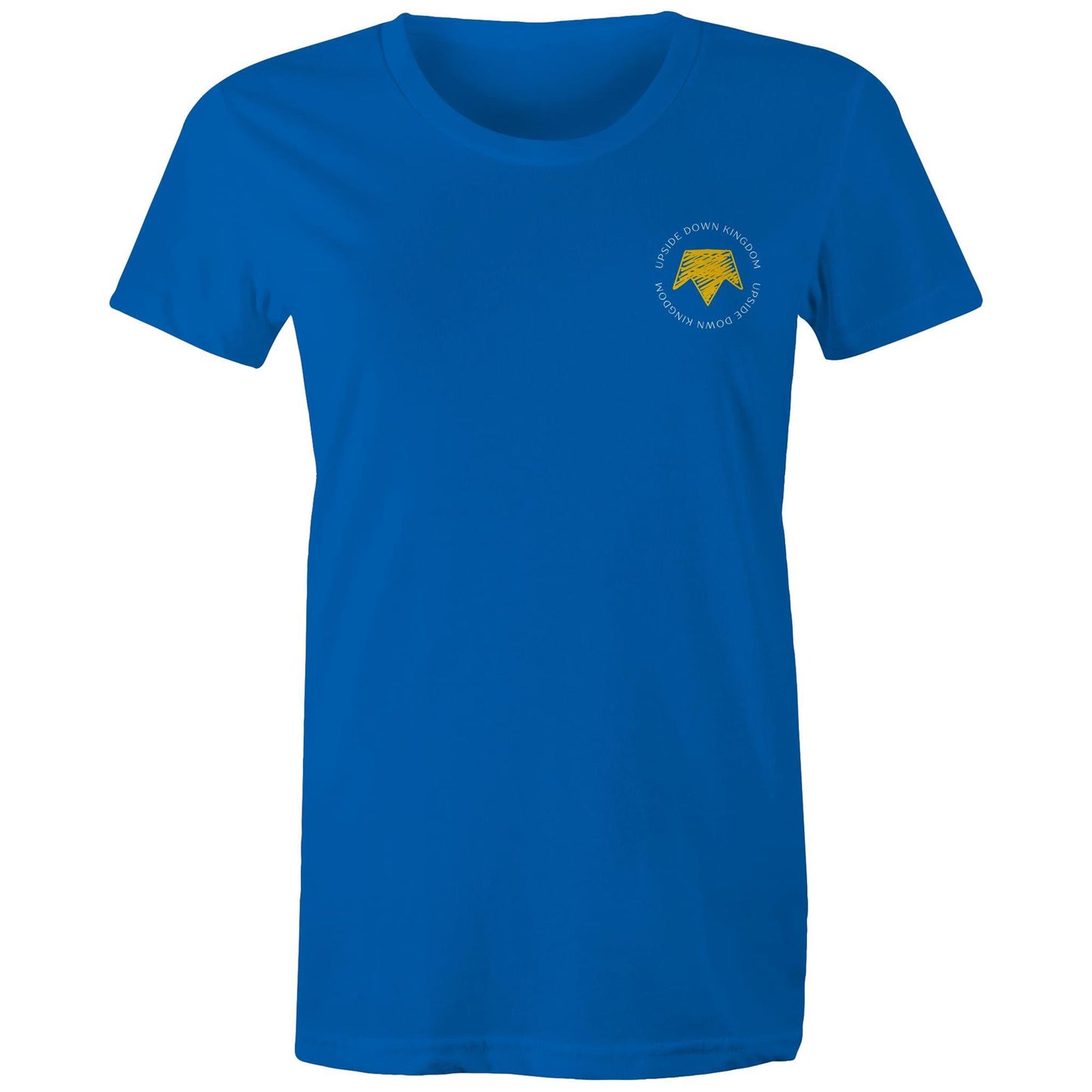 Christian t-shirt with left pocket print reading 'Upside Down Kingdom' and a yellow upside-down crown — minimalist faith-based design by Lighthouse Christian Clothing.