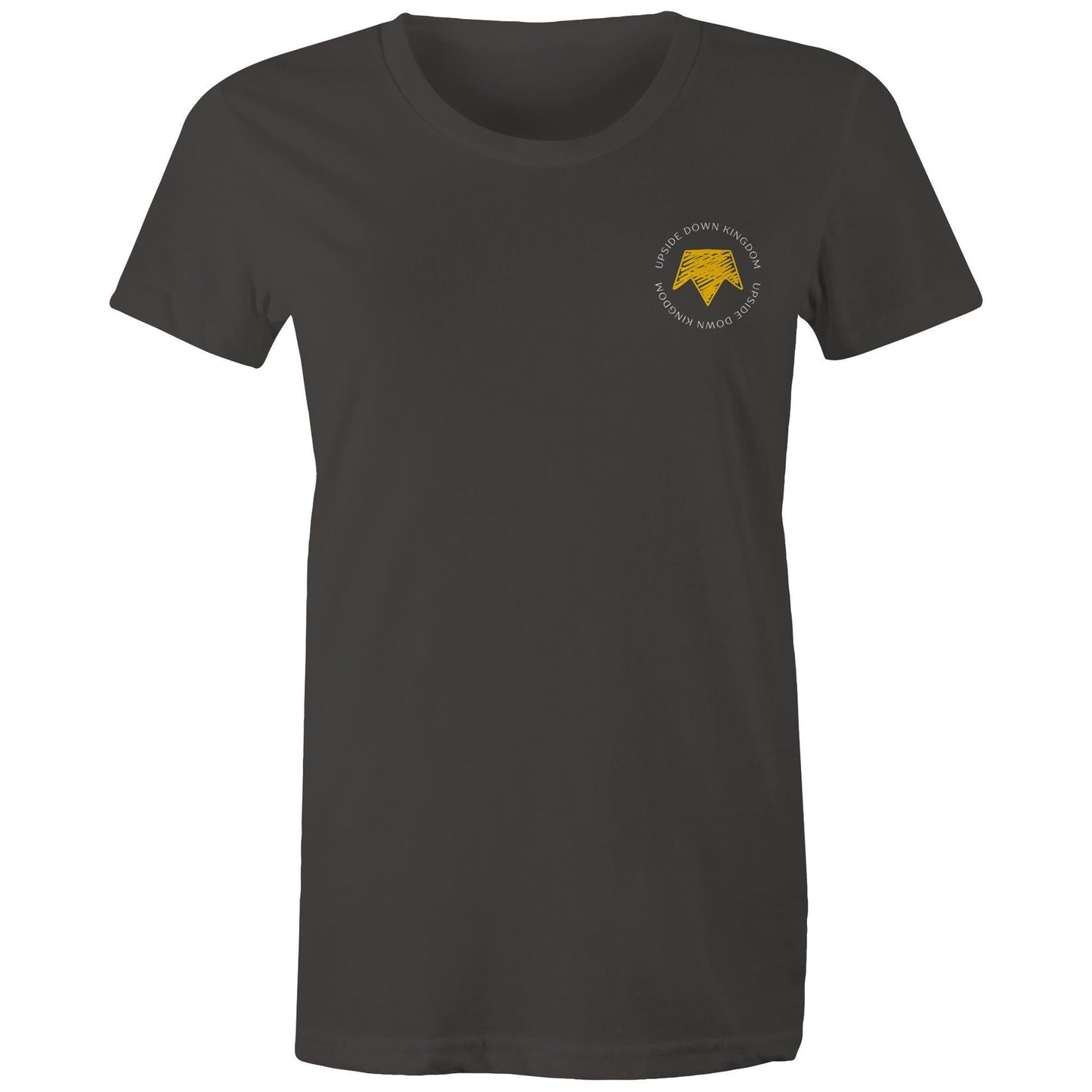 Christian t-shirt with left pocket print reading 'Upside Down Kingdom' and a yellow upside-down crown — minimalist faith-based design by Lighthouse Christian Clothing.