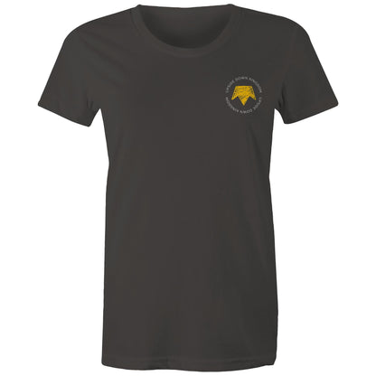 Christian t-shirt with left pocket print reading 'Upside Down Kingdom' and a yellow upside-down crown — minimalist faith-based design by Lighthouse Christian Clothing.