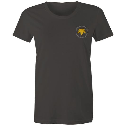 Christian t-shirt with left pocket print reading 'Upside Down Kingdom' and a yellow upside-down crown — minimalist faith-based design by Lighthouse Christian Clothing.