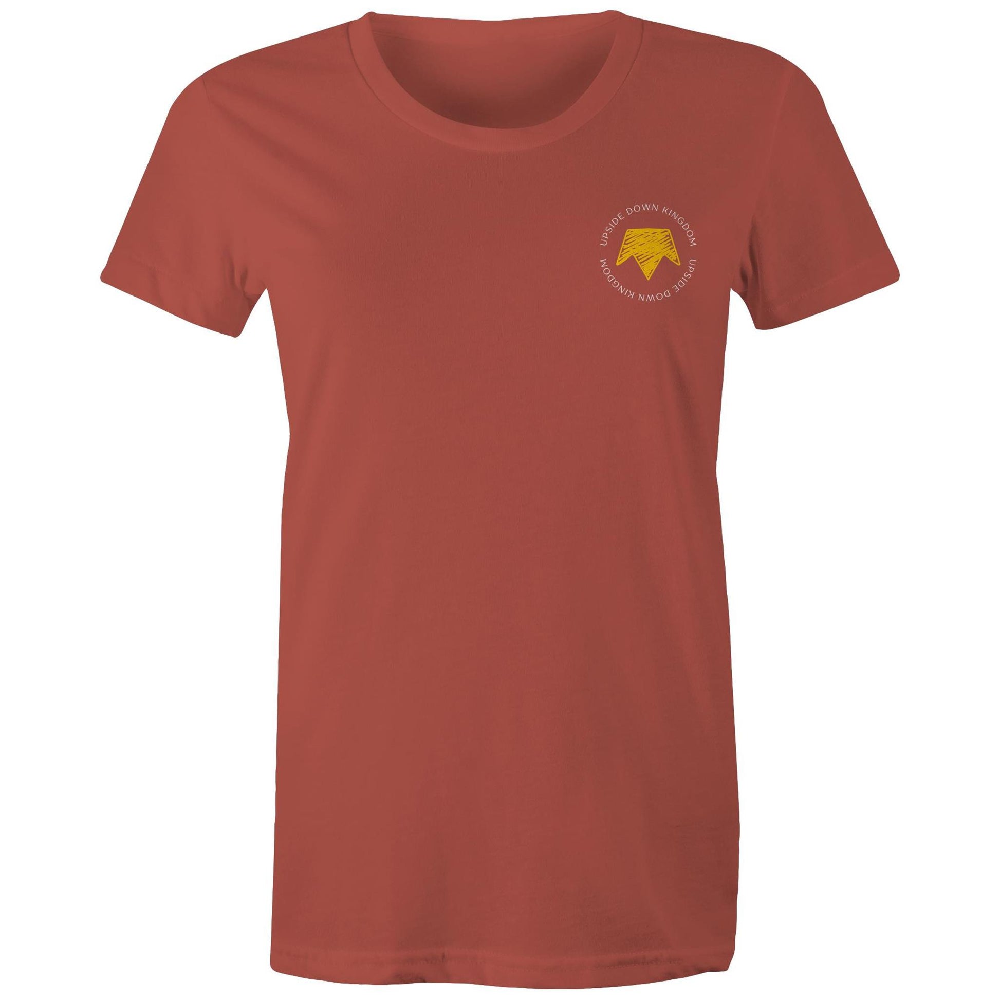 Christian t-shirt with left pocket print reading 'Upside Down Kingdom' and a yellow upside-down crown — minimalist faith-based design by Lighthouse Christian Clothing.