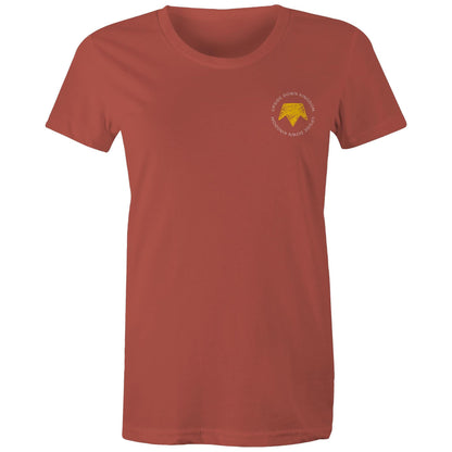 Christian t-shirt with left pocket print reading 'Upside Down Kingdom' and a yellow upside-down crown — minimalist faith-based design by Lighthouse Christian Clothing.