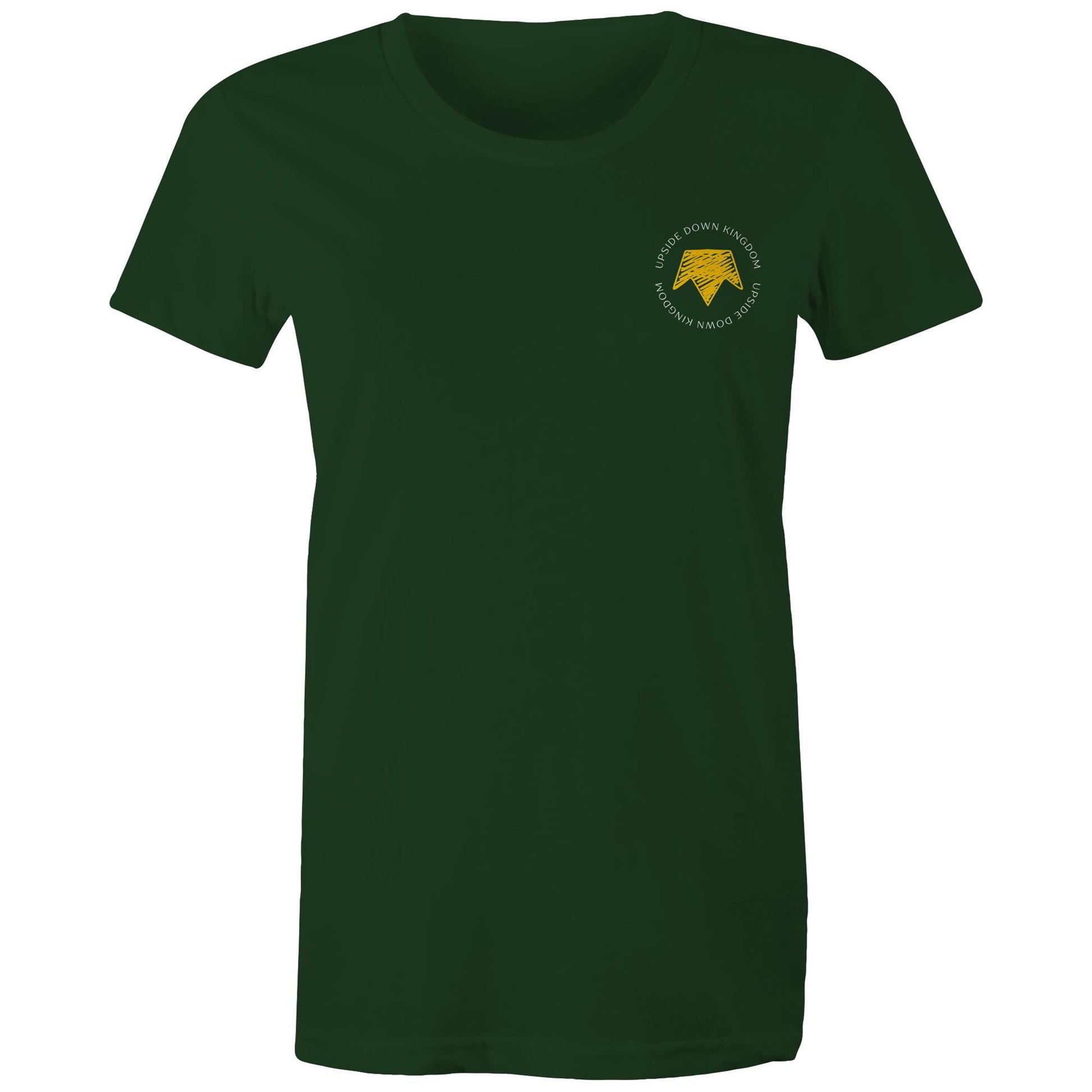 Christian t-shirt with left pocket print reading 'Upside Down Kingdom' and a yellow upside-down crown — minimalist faith-based design by Lighthouse Christian Clothing.