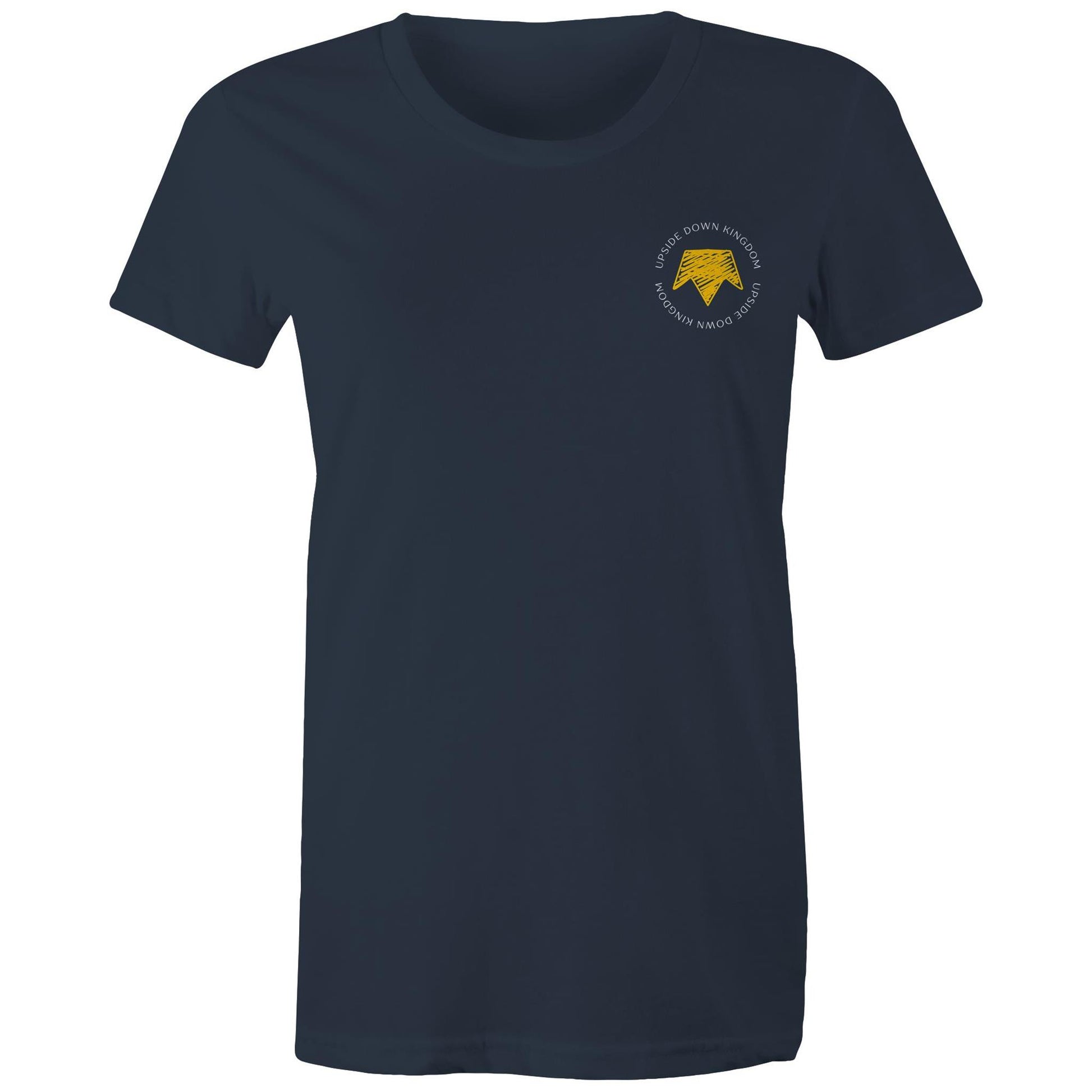 Christian t-shirt with left pocket print reading 'Upside Down Kingdom' and a yellow upside-down crown — minimalist faith-based design by Lighthouse Christian Clothing.