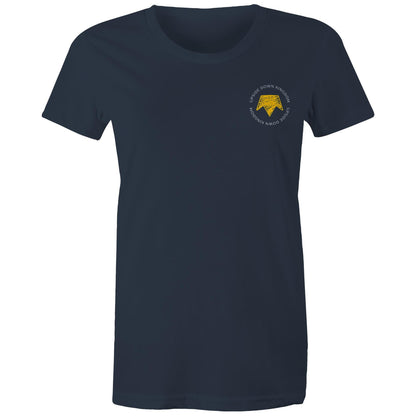 Christian t-shirt with left pocket print reading 'Upside Down Kingdom' and a yellow upside-down crown — minimalist faith-based design by Lighthouse Christian Clothing.