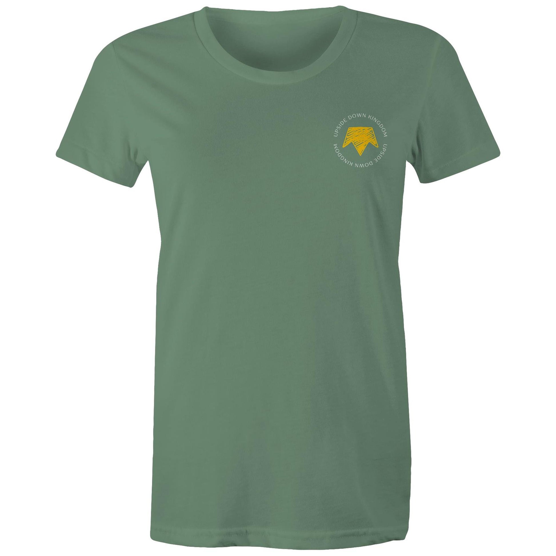 Christian t-shirt with left pocket print reading 'Upside Down Kingdom' and a yellow upside-down crown — minimalist faith-based design by Lighthouse Christian Clothing.