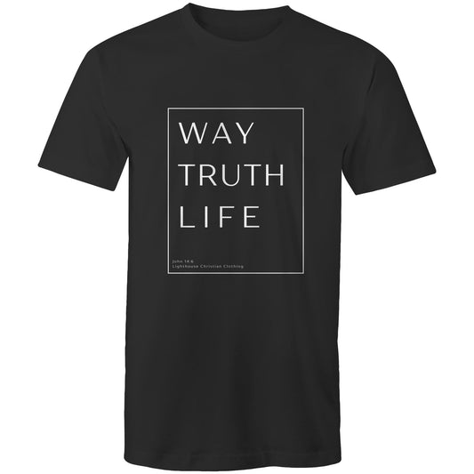 Christian t-shirt with 'Way Truth Life' Bible verse design from John 14:6 – minimalist faith-based apparel by Lighthouse Christian Clothing.