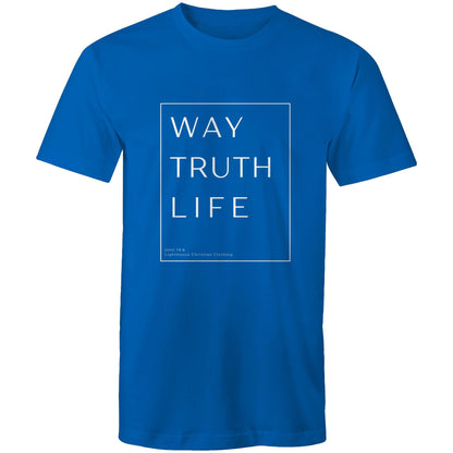 Christian t-shirt with 'Way Truth Life' Bible verse design from John 14:6 – minimalist faith-based apparel by Lighthouse Christian Clothing.