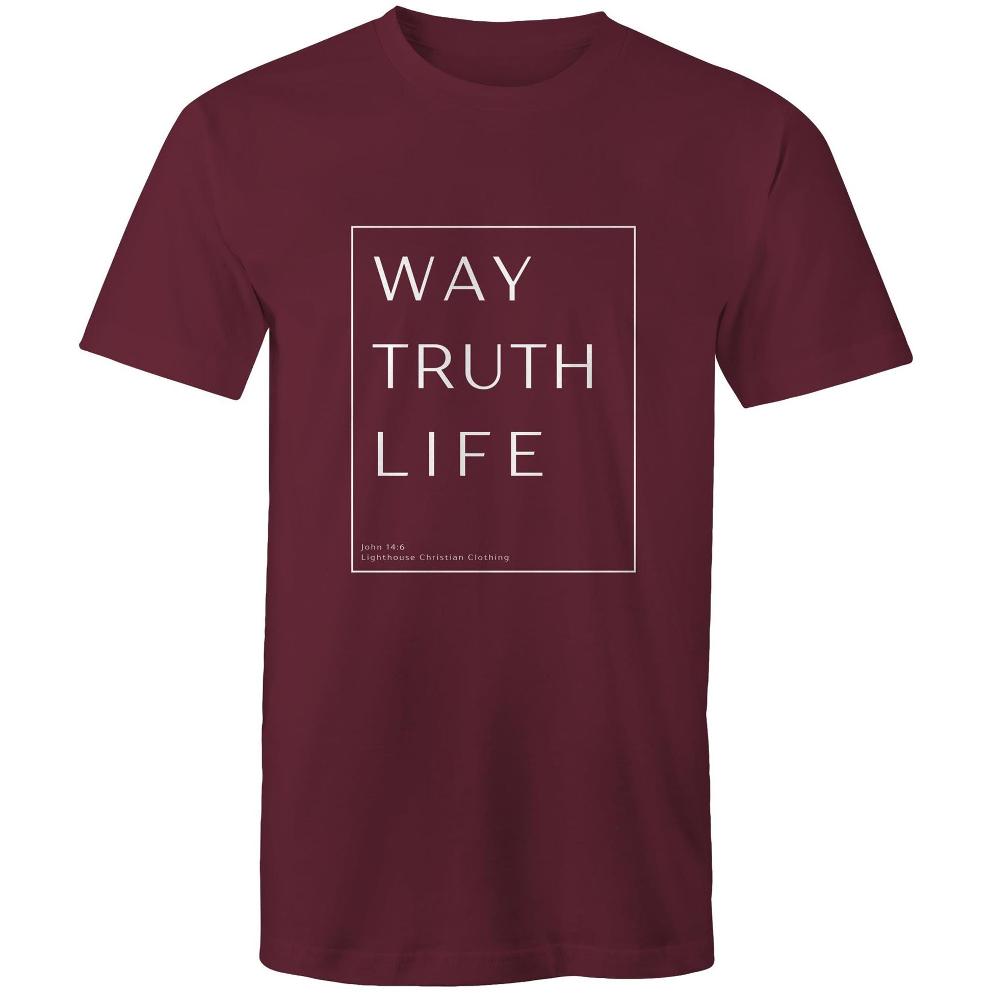 Christian t-shirt with 'Way Truth Life' Bible verse design from John 14:6 – minimalist faith-based apparel by Lighthouse Christian Clothing.