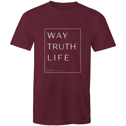 Christian t-shirt with 'Way Truth Life' Bible verse design from John 14:6 – minimalist faith-based apparel by Lighthouse Christian Clothing.