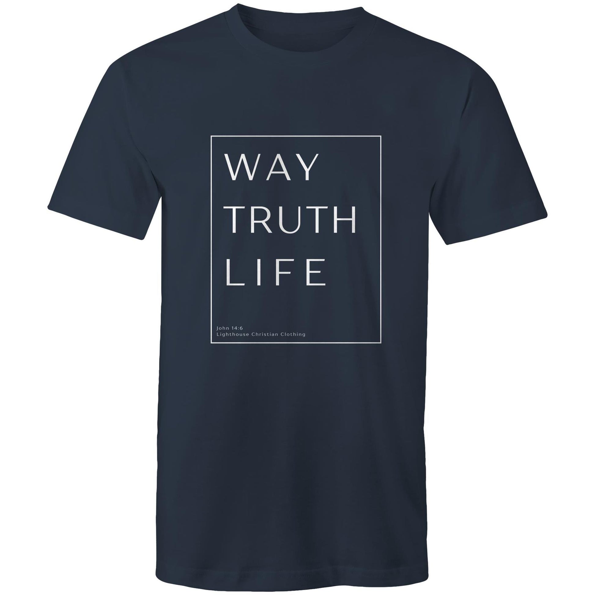 Christian t-shirt with 'Way Truth Life' Bible verse design from John 14:6 – minimalist faith-based apparel by Lighthouse Christian Clothing.
