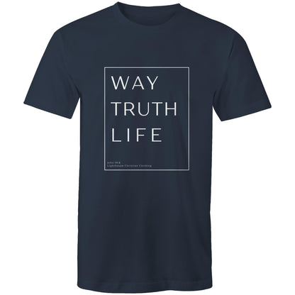 Christian t-shirt with 'Way Truth Life' Bible verse design from John 14:6 – minimalist faith-based apparel by Lighthouse Christian Clothing.