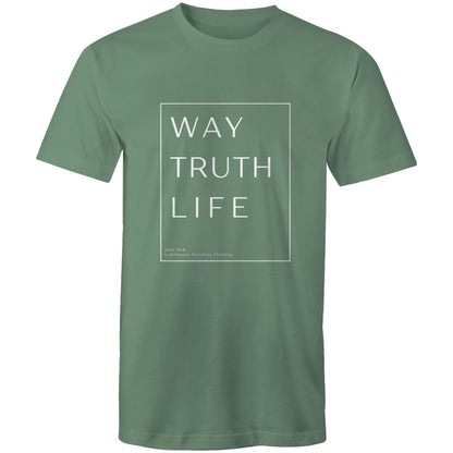 Christian t-shirt with 'Way Truth Life' Bible verse design from John 14:6 – minimalist faith-based apparel by Lighthouse Christian Clothing.