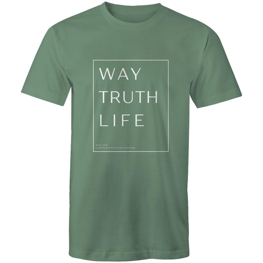 Christian t-shirt with 'Way Truth Life' Bible verse design from John 14:6 – minimalist faith-based apparel by Lighthouse Christian Clothing.